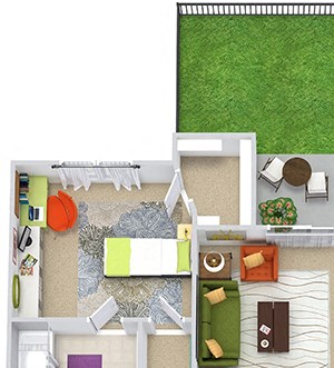 Emerald with Fenced-in Yard Emerald with Fenced-in Yard. 2 bedrooms. Kitchen with bartop open to living/dinning rooms. 2 full bathrooms. Walk-in closets. Patio/balcony with storage open to yard. Optional fireplace.